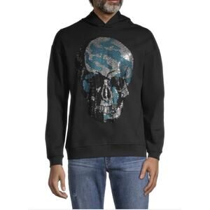 NEW Rhinestone-Embellished Black Skull Men's Hoodie - 2XL